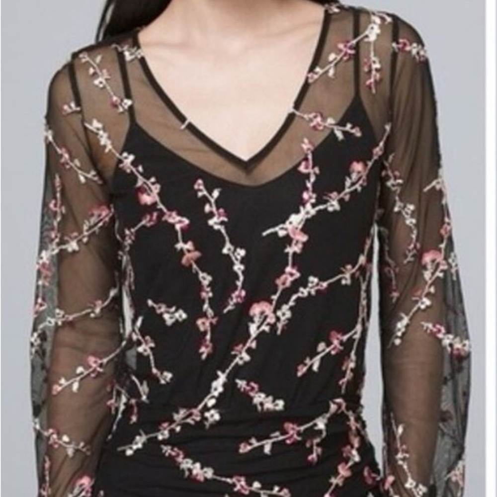 White House Black Market Floral Embroidered Sheer Black Top